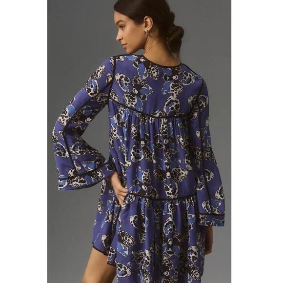 Dhruv Kapoor Long Sleeve Blue Print Babydoll Swing Mini Dress Anthropologie NWT - Picture 4 of 10